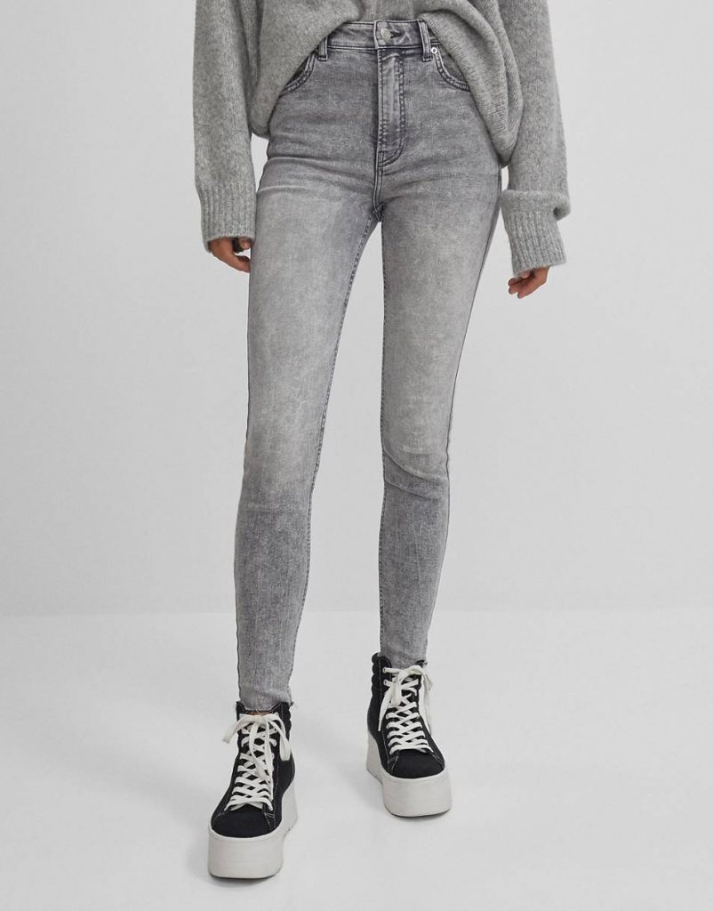Bershka high waist skinny jeans in acid wash grey
