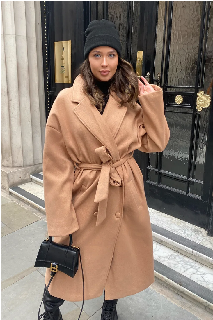 NAOMI GENES CAMEL WOOL DOUBLE BREASTED BELTED LONGLINE COAT