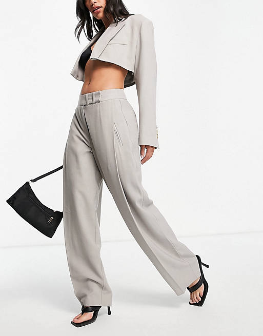 Topshop wide leg pleat detail trouser in light grey