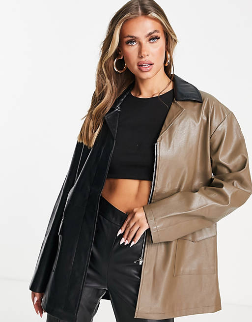 4th & Reckless colour block leather look jacket in black and mocha