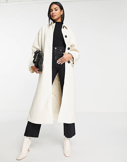 ASOS DESIGN 90s faux leather trench coat in cream