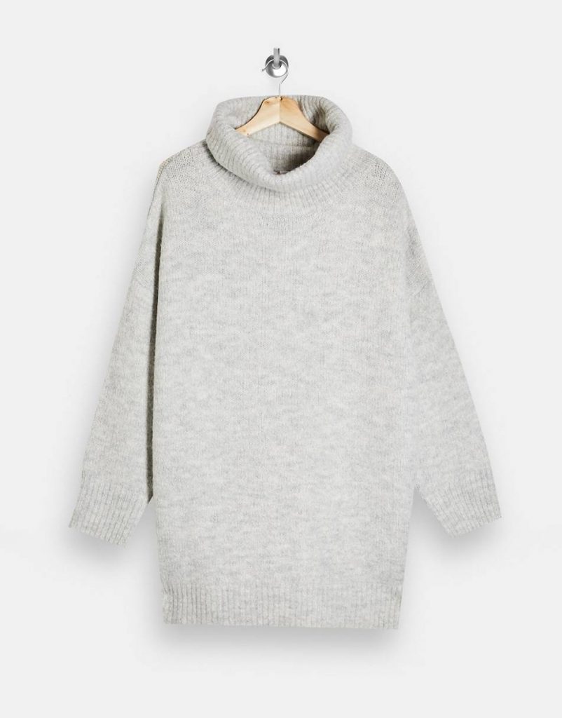 Topshop roll neck oversized knitted jumper dress in grey marl