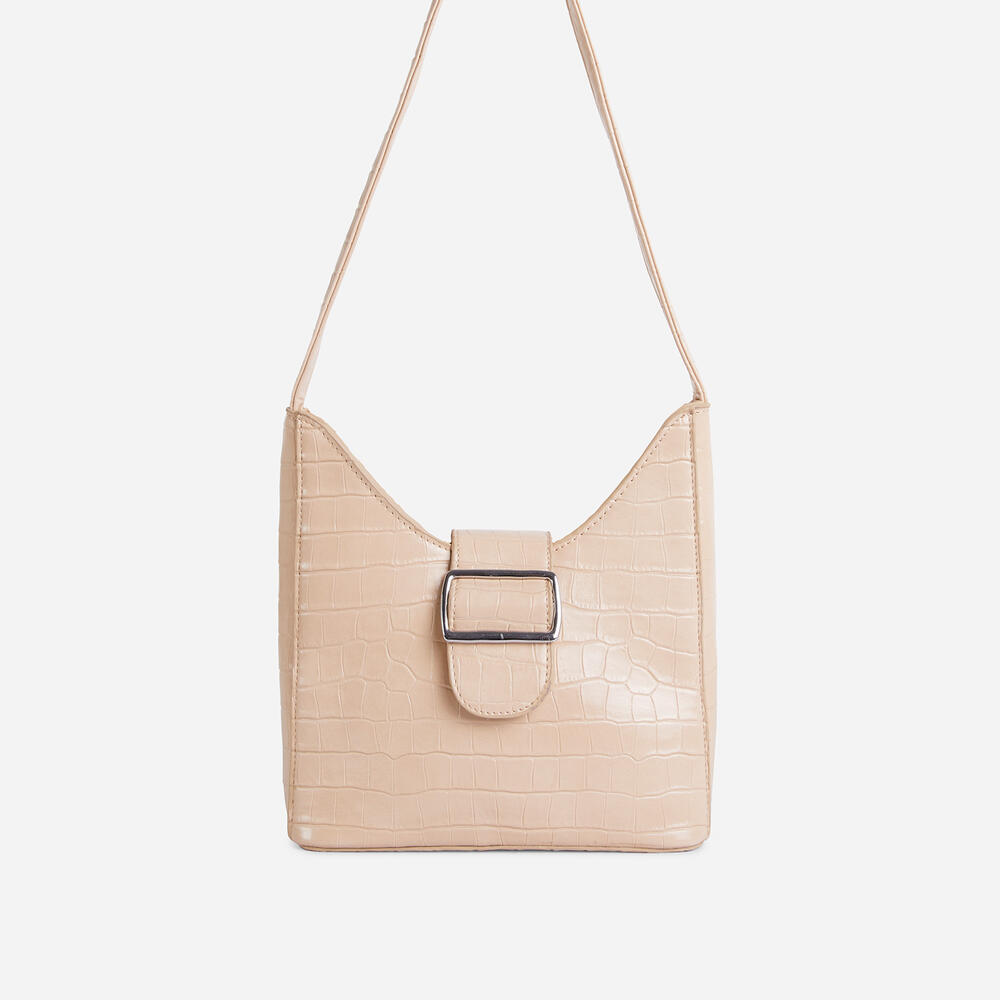 CARLSON BUCKLE DETAIL SHAPED SHOULDER BAG IN NUDE CROC PRINT FAUX LEATHER