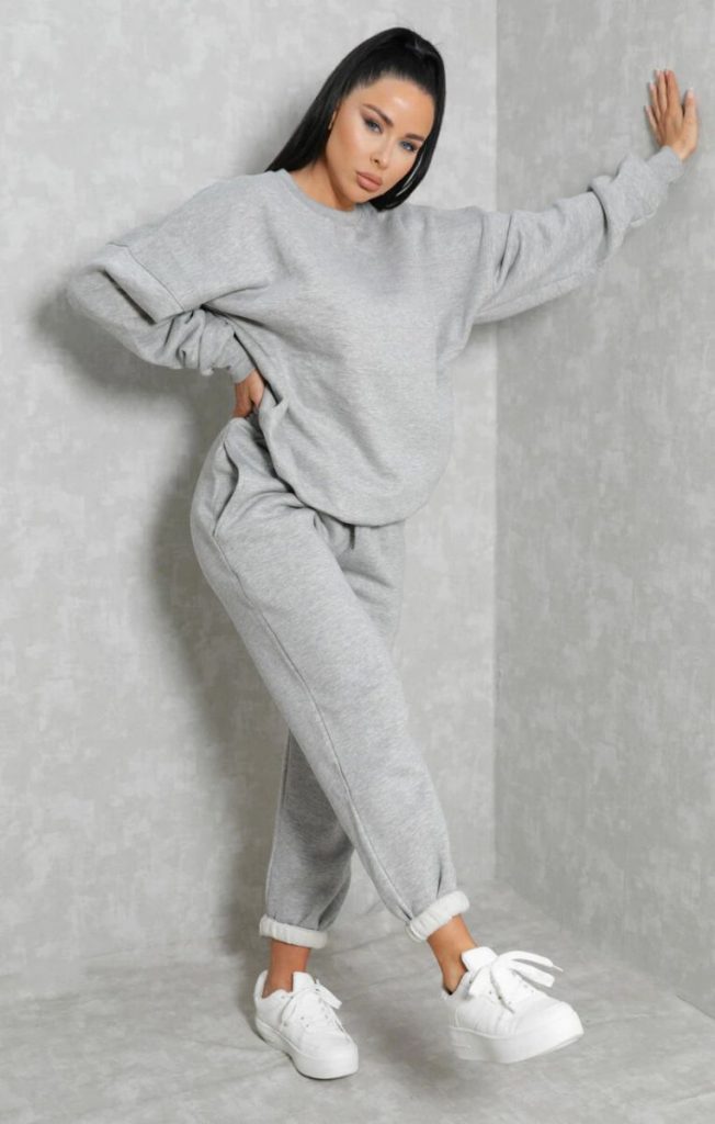 Grey Oversized Crew Neck Sweatshirt Cuffed Joggers Loungewear Set - Averi