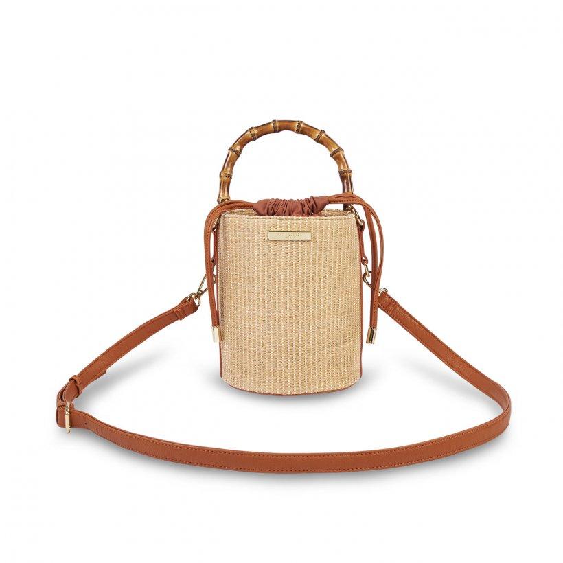 KATIE LOXTON JOURDAN CYLINDER BAMBOO STRAW BAG | COGNAC AND NATURAL