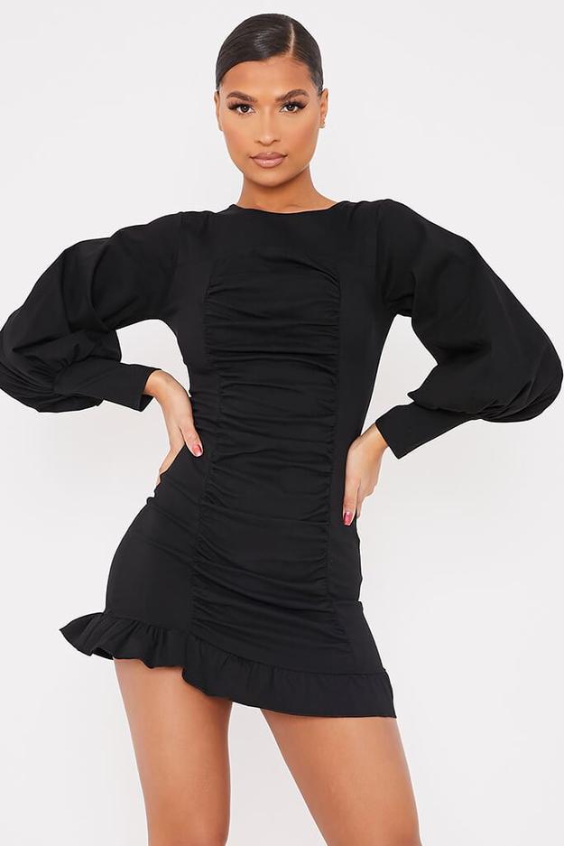 Black Bengaline Puff Sleeve Ruched Bodycon Dress