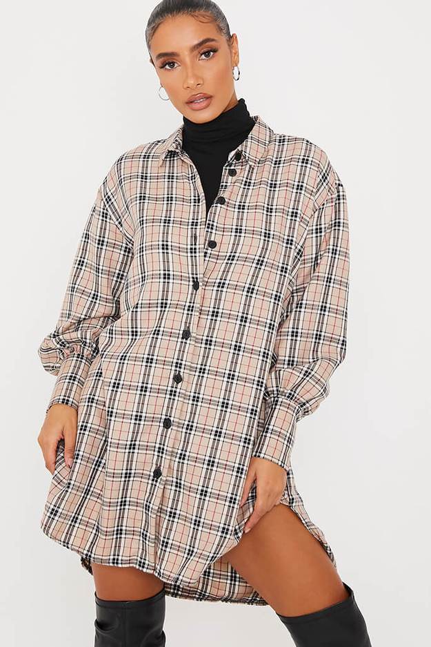 Stone Woven Flannel Check Print Dip Hem Shirt Dress