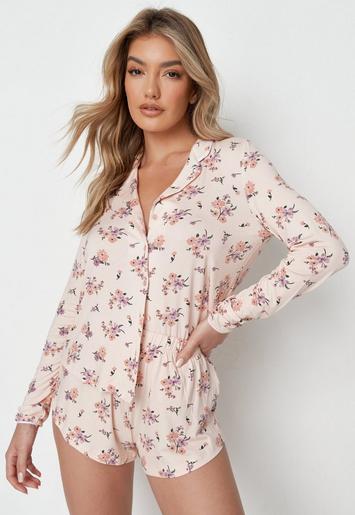 pink floral print shirt and shorts pyjama set