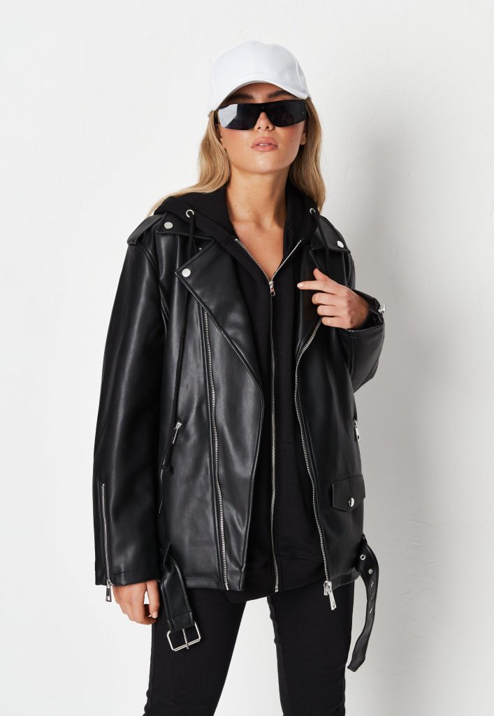 black faux leather long biker jacket