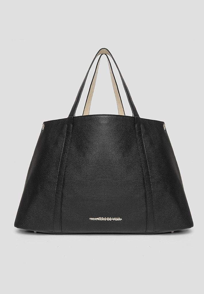  REVERSIBLE VEGAN LEATHER SHOPPER TOTE BAG - BLACK/BEIGE