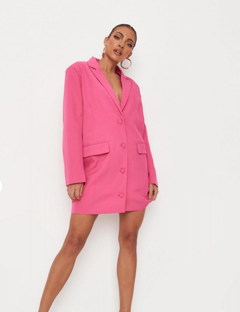 pink button front oversized blazer dress