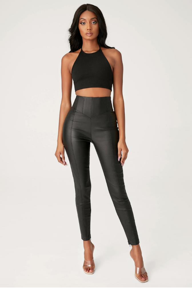 Leatherette Corsetted High Waisted Pants - Black