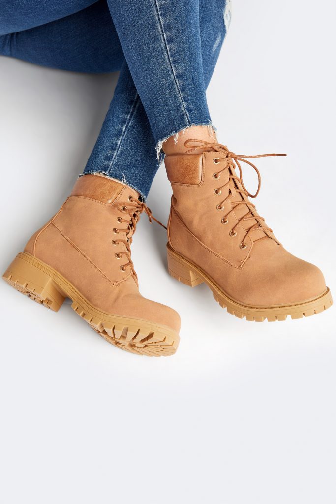 Tan Chunky Lace Up Boots In Extra Wide Fit