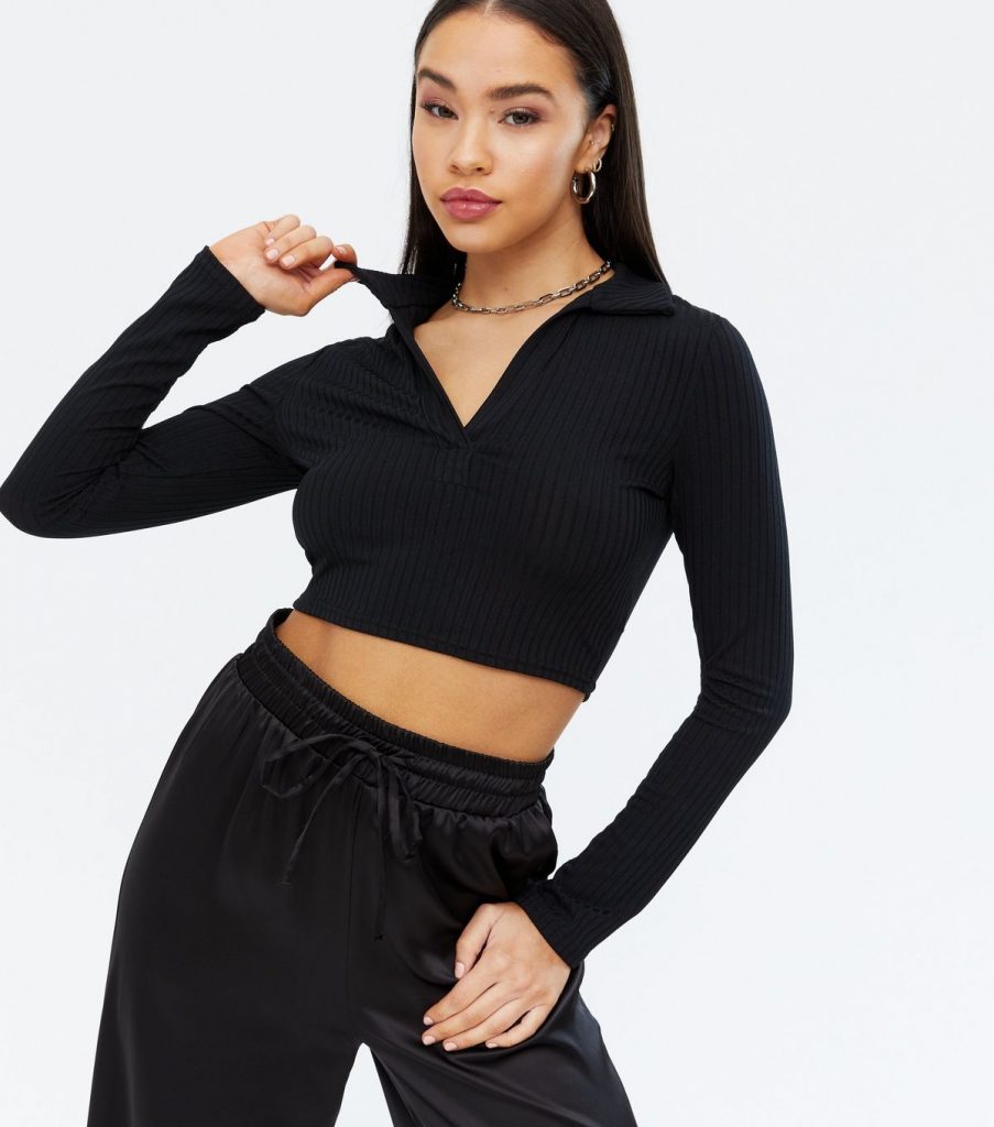Black Ribbed V Collared Long Sleeve Crop Top