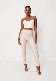 cream faux leather croc slim leg trousers