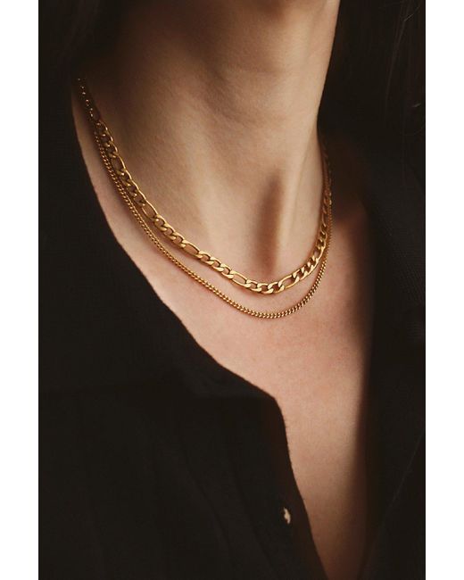Women's Metallic 18k Gold Plated Figaro Double Chain Layered Necklace