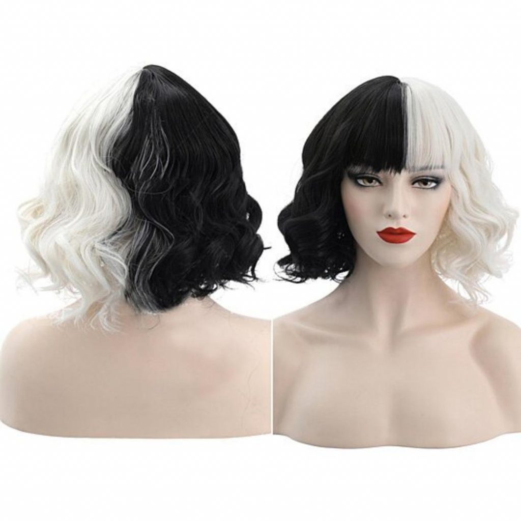 Black and white wig of handmade Halloween party costume cosplay with bang bob nature curly heat resistant wig for girls ladies drag queen