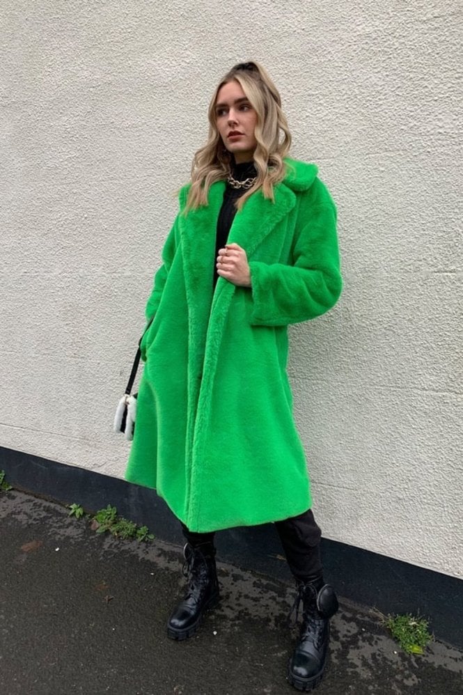 Green Faux Fur Coat in Lime Green
