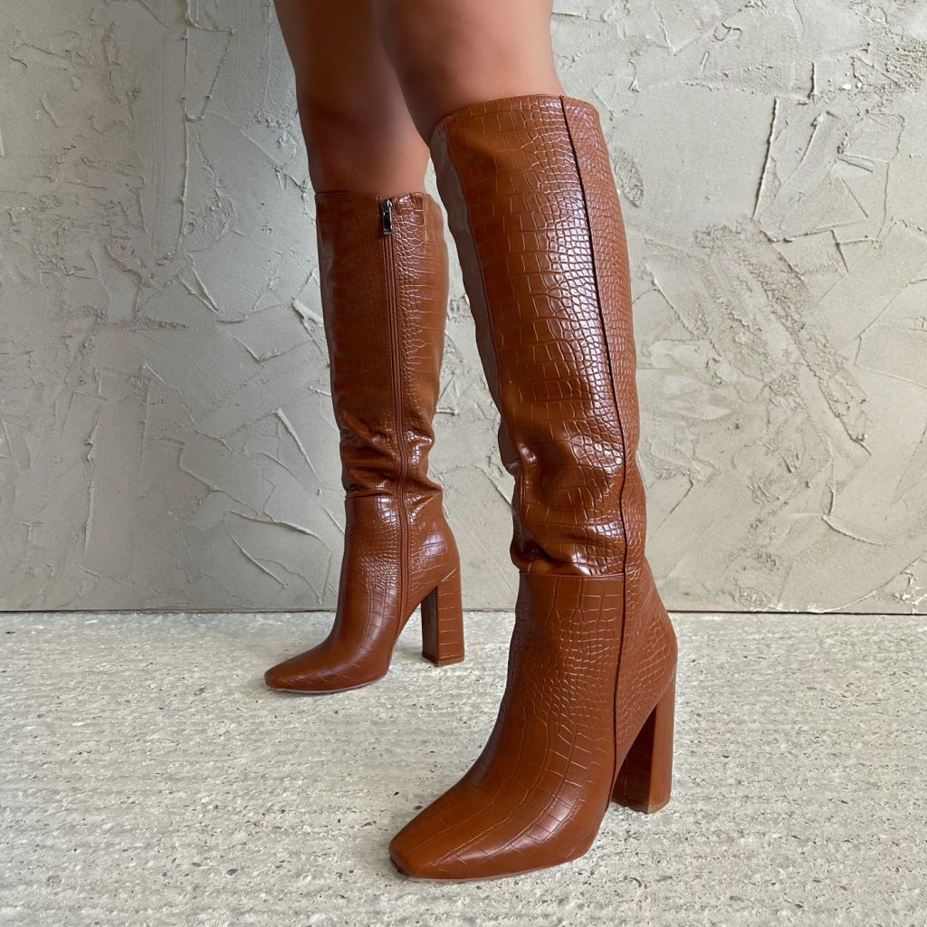 ROZLYN DARK TAN FAUX CROC PRINT BLOCK HEEL KNEE HIGH BOOTS