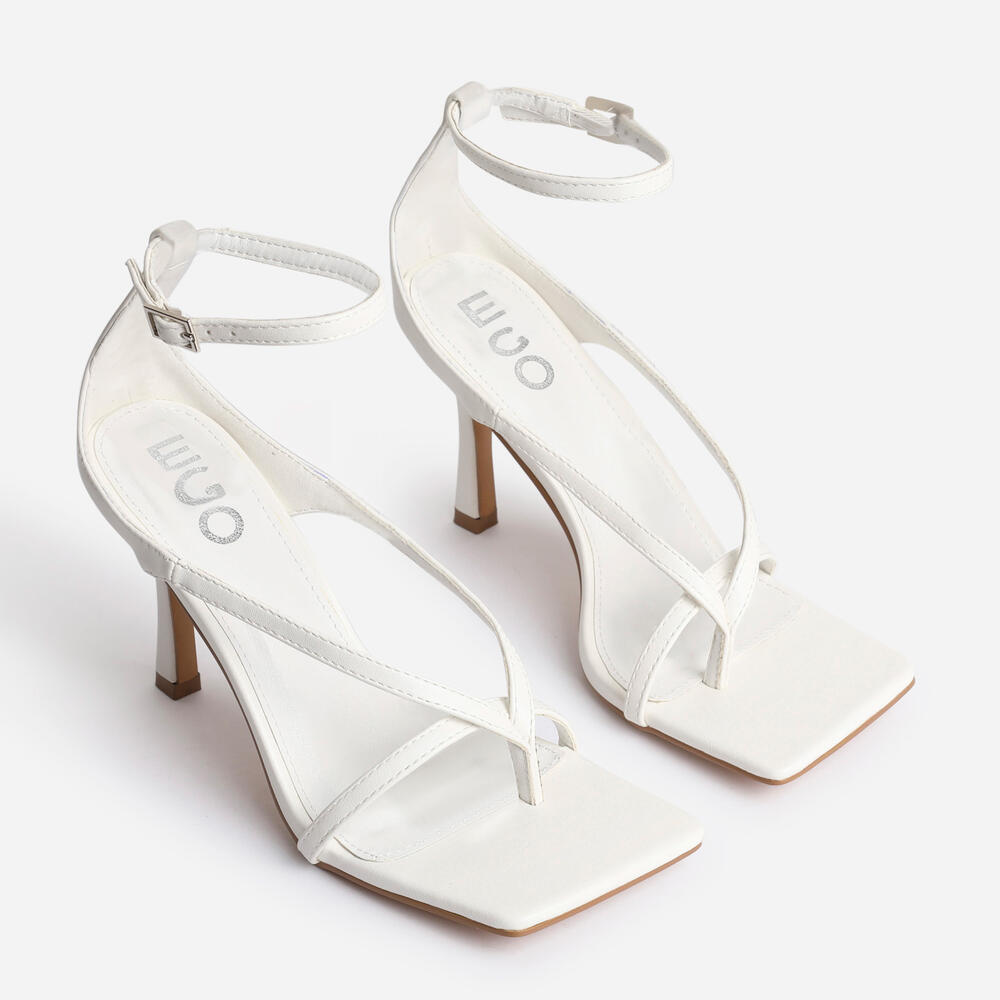 EVE SQUARE TOE STRAPPY HEEL IN WHITE FAUX LEATHER