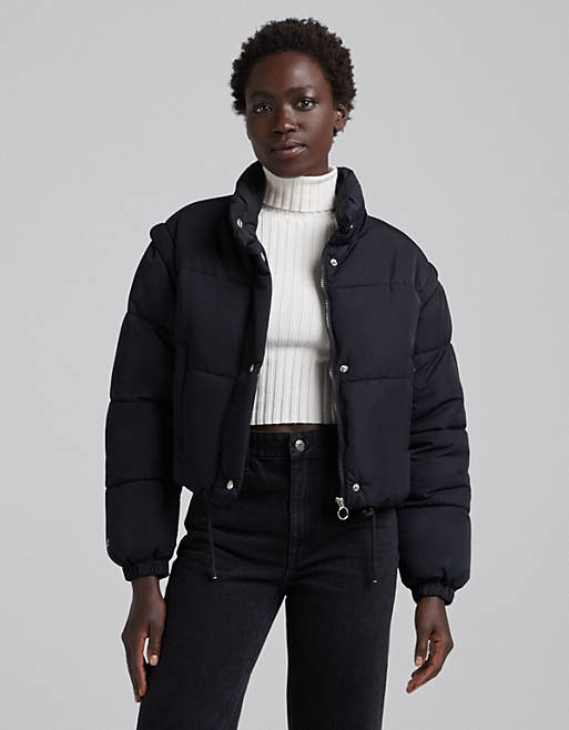 Bershka cropped puffer jacket in black