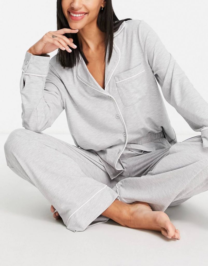 ASOS DESIGN long sleeve shirt & trouser pyjama set with contrast piping in grey