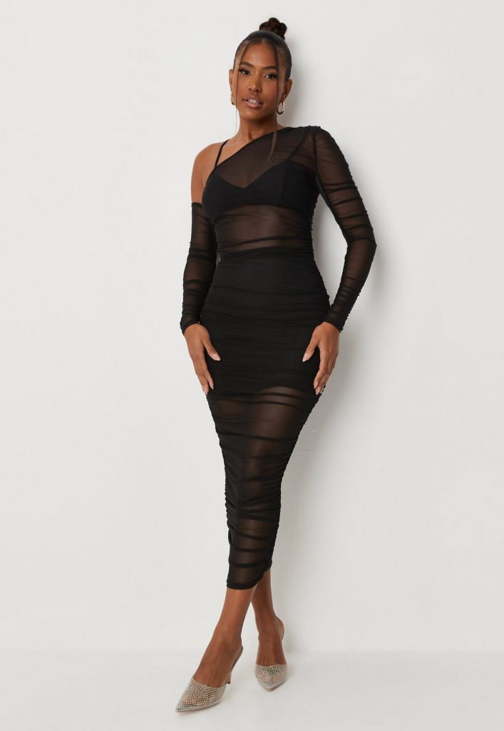 carli bybel x missguided black mesh ruched one shoulder midi dress