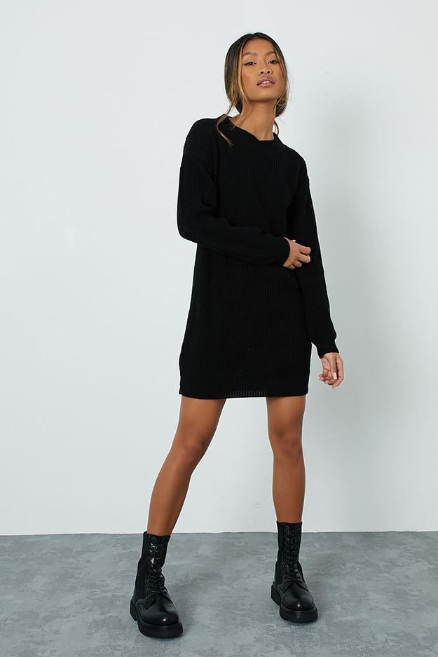 Black Ribbed Oversized Jumper Dress
