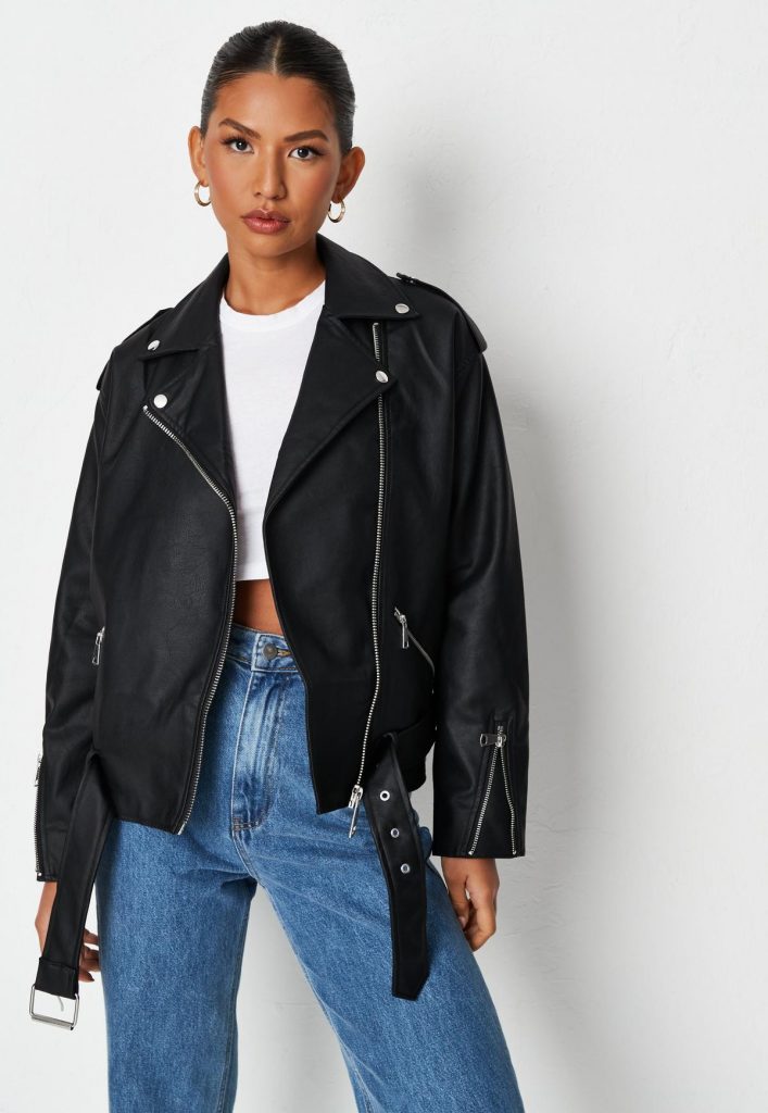 black faux leather oversized biker jacket