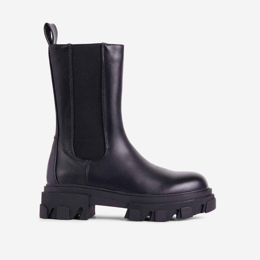 STEELE CHUNKY SOLE ANKLE BIKER BOOT IN BLACK FAUX LEATHER