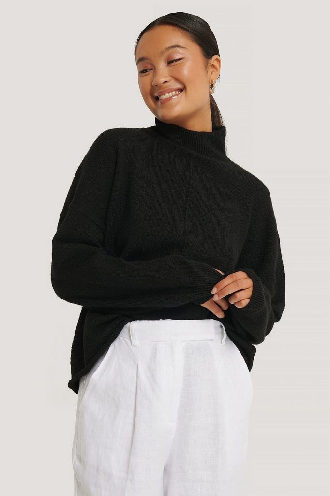 High Neck Dropped Shoulder Knitted Sweater