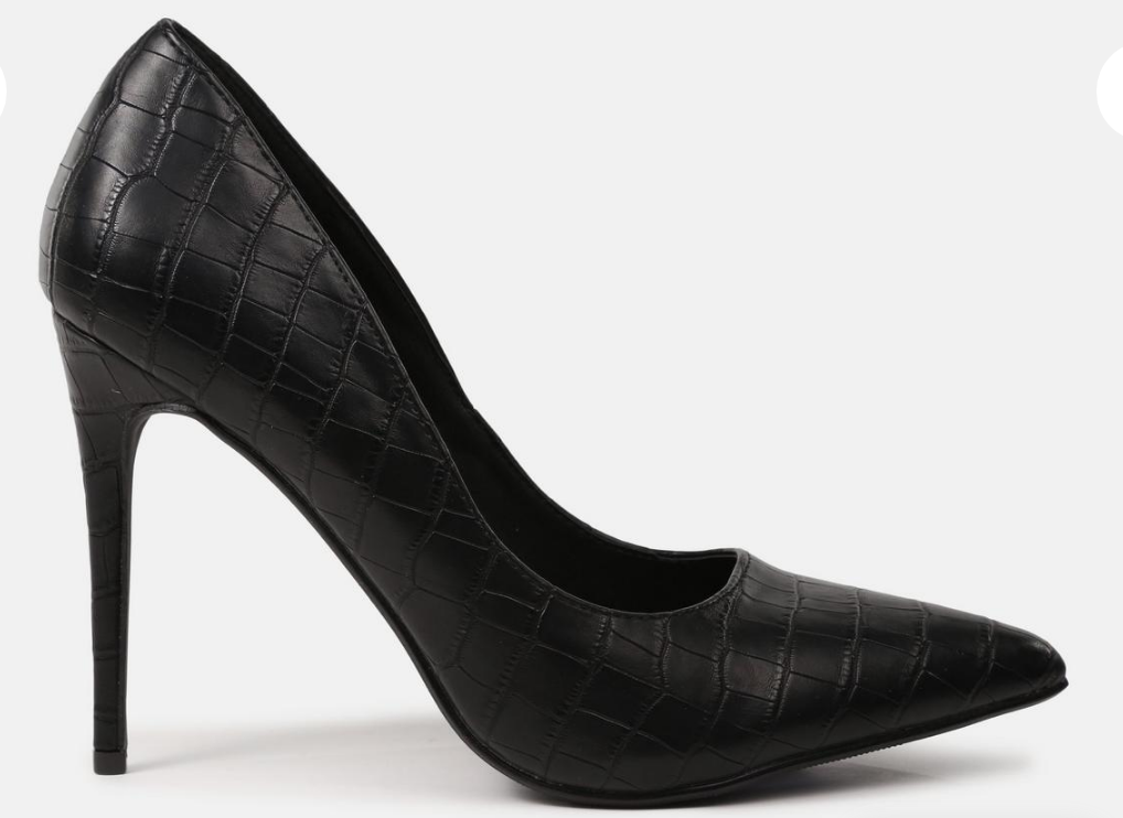 black faux leather croc heeled court shoes