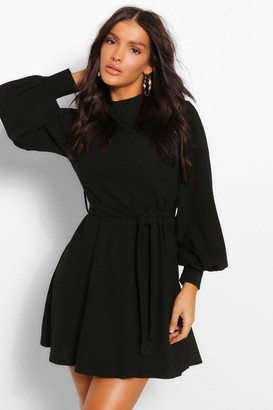 High Neck Balloon Sleeve Belted Skater Dress