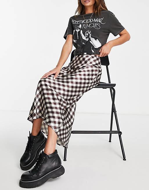 Topshop gingham satin bias skirt in chocolate