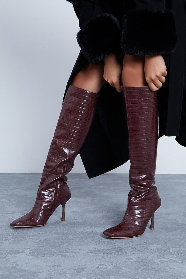 Brown Knee High Croc Pu Heeled Boot