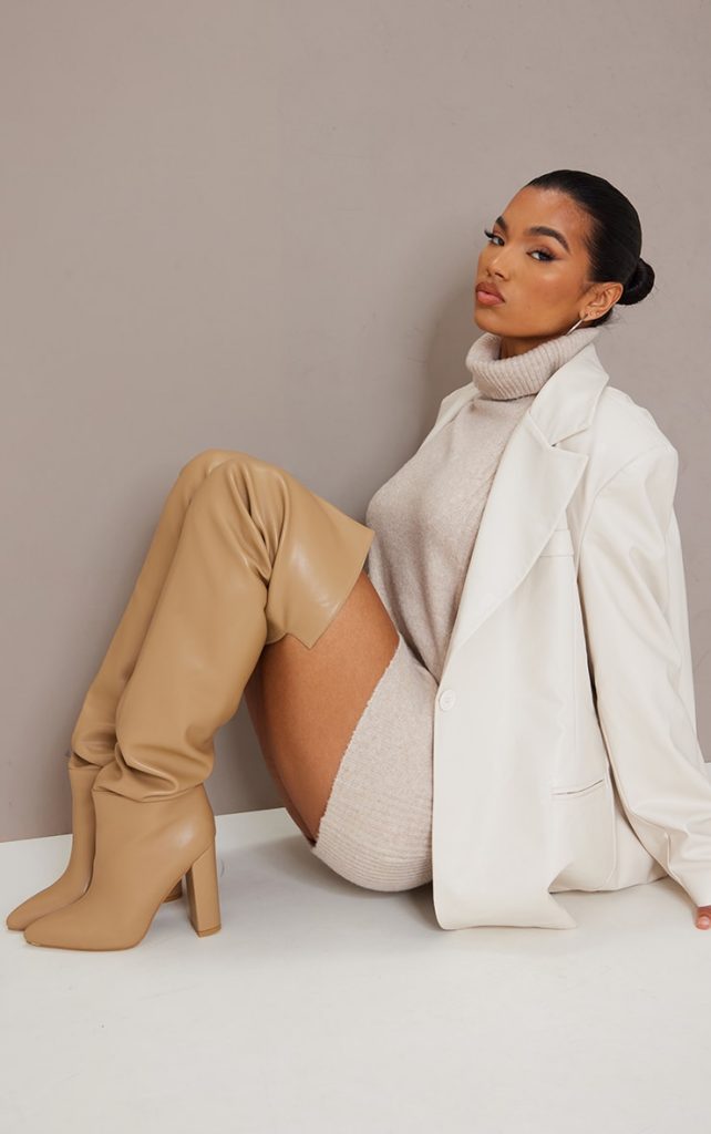 SAND PU POINT TOE BLOCK HEEL OVER THE KNEE BOOTS