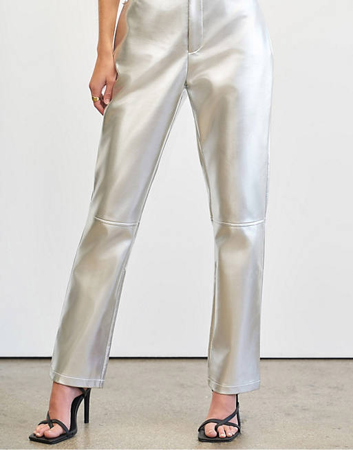 4th & Reckless x Elsa Hosk straight leg leather look trousers in silver