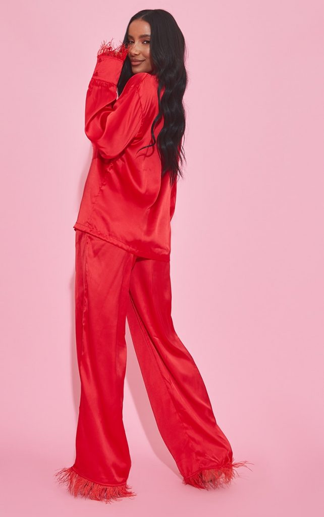 RED SATIN FEATHER TRIM LONG PJ SET
