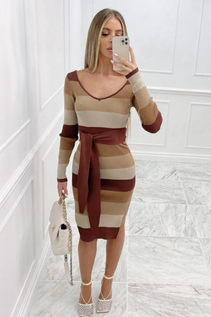 Paloma Chocolate Stripe Ribbed Tie Waist Midi Dress