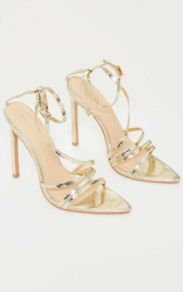 GOLD PATENT SNAKE PU POINT TOE STRAPPY STILETTO HEEL SANDALS