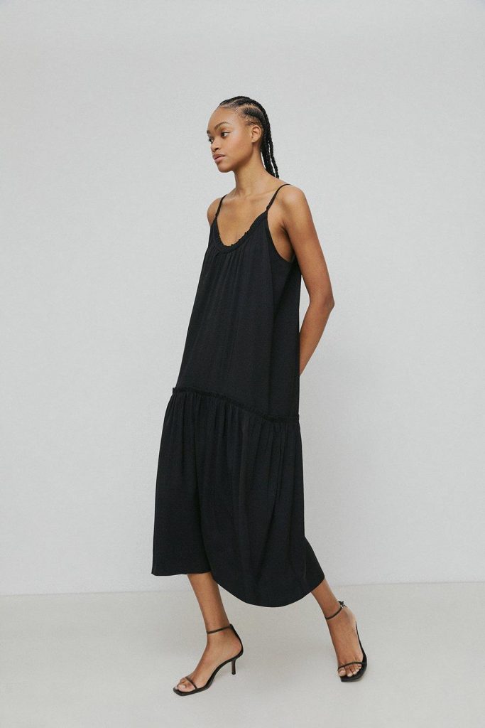 Satin Strappy Frill Smock Midi Dress
