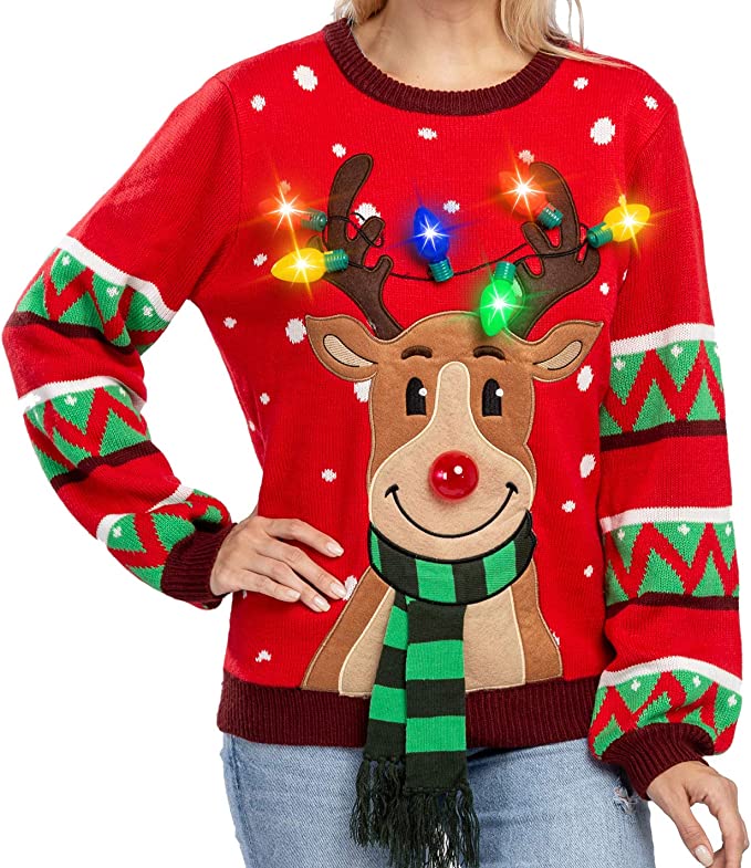 Womens LED Light Up Reindeer Ugly Christmas Sweater Built-in Light Bulbs