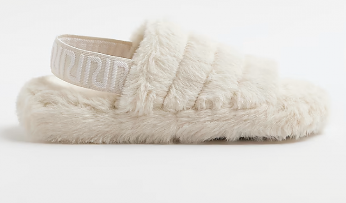 CREAM RI MONOGRAM FAUX FUR SLIPPERS