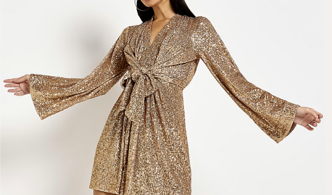 GOLD SEQUIN LONG SLEEVE KNOT FRONT MINI DRESS