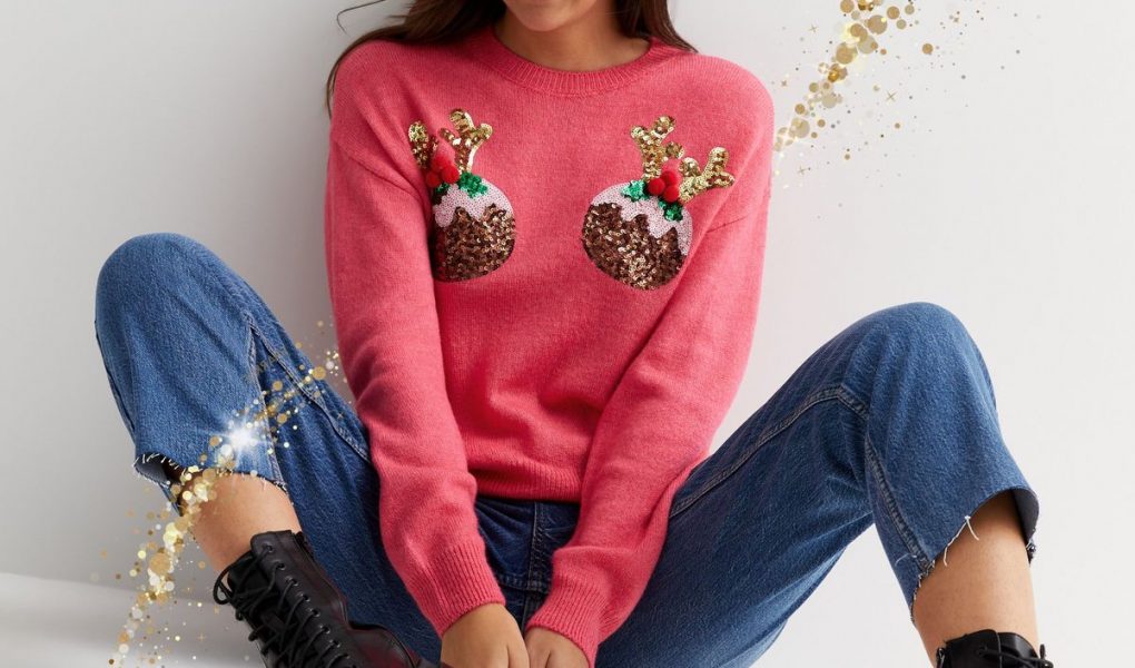 Pink Sequin Embellished Christmas Puddings Jumper