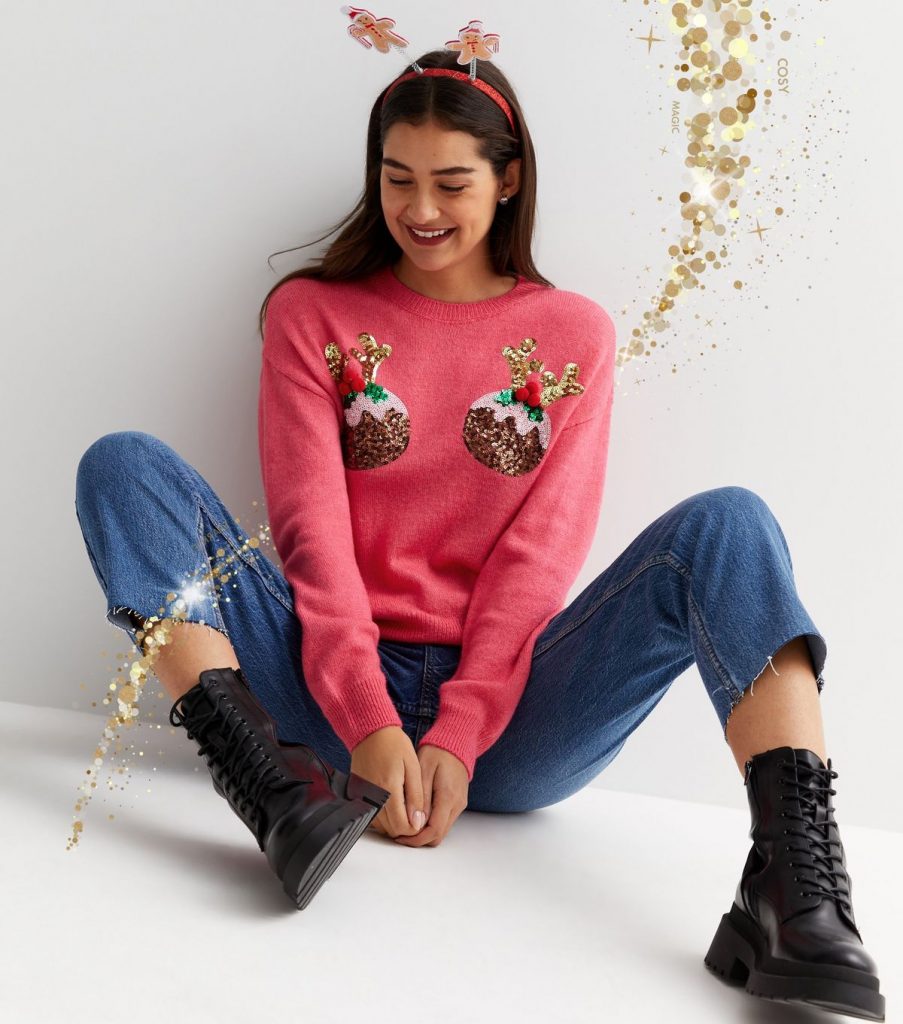 Pink Sequin Embellished Christmas Puddings Jumper