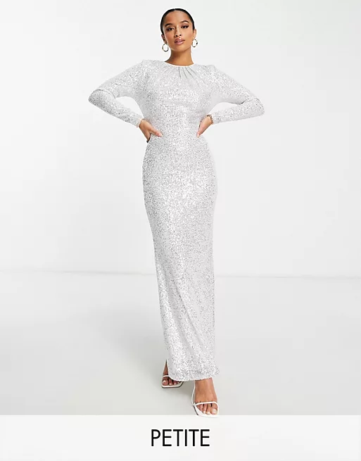Jaded Rose Petite Modest long sleeve maxi dress in silver sequin