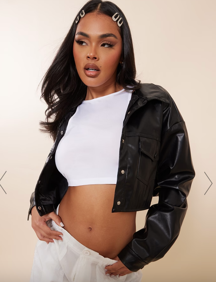 BLACK POCKET FRONT FAUX LEATHER CROPPED JACKET