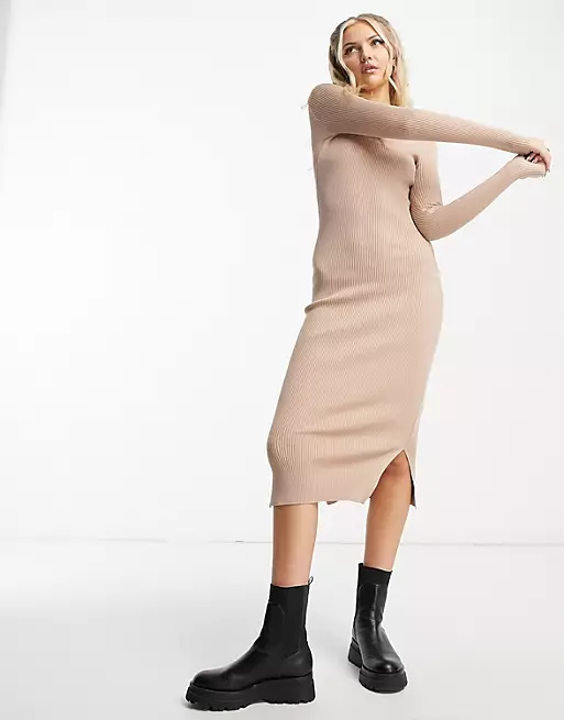 New Look ribbed midi dress with side split in camel