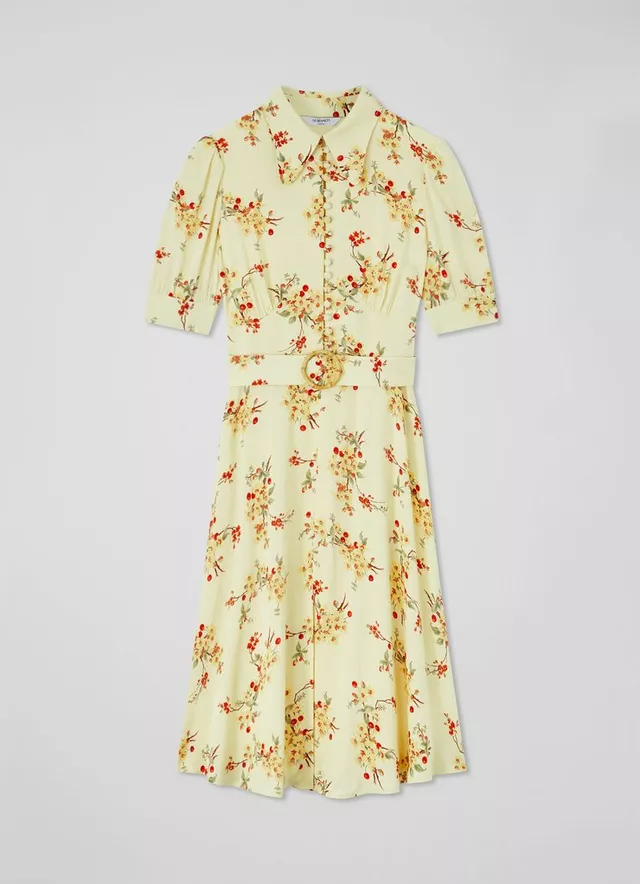 Amor Yellow and Red Cherry Blossom Print Crepe Dress